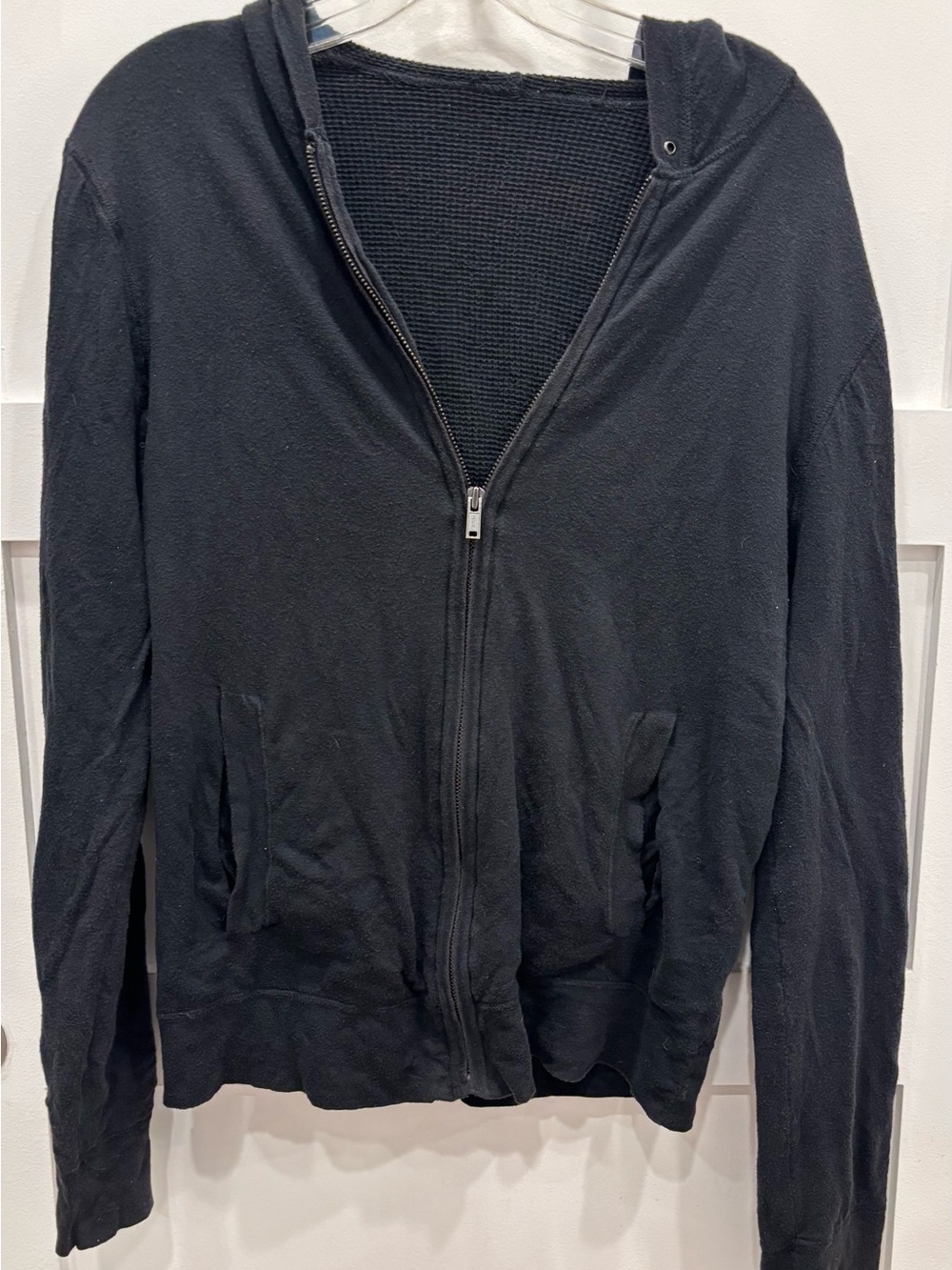 James Perse Combed Cotton Black Zip-Up Hooded Sweater Waffle Knit Lining